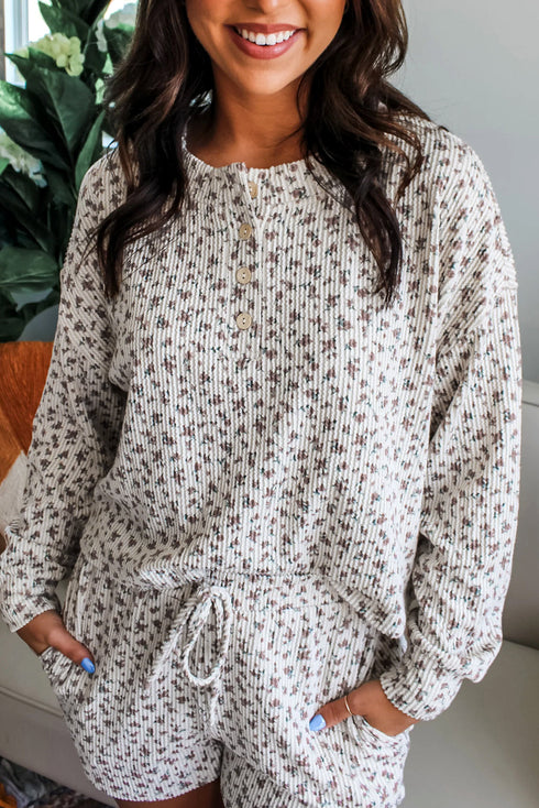 Spiral Ribbed Floral Print Long Sleeve Henley Short Set