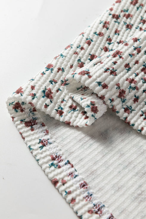 Spiral Ribbed Floral Print Long Sleeve Henley Short Set
