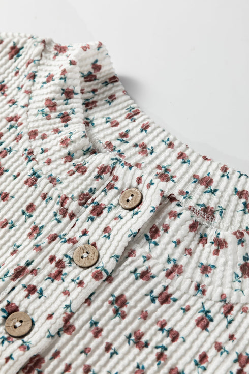 Spiral Ribbed Floral Print Long Sleeve Henley Short Set