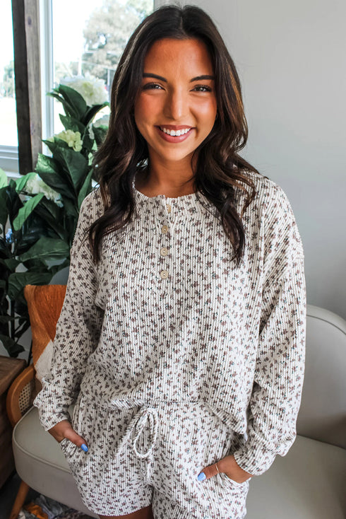 Spiral Ribbed Floral Print Long Sleeve Henley Short Set