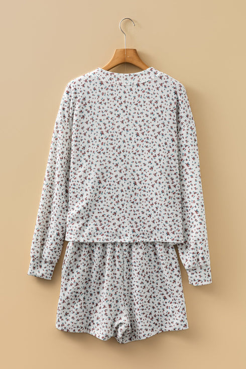 Spiral Ribbed Floral Print Long Sleeve Henley Short Set