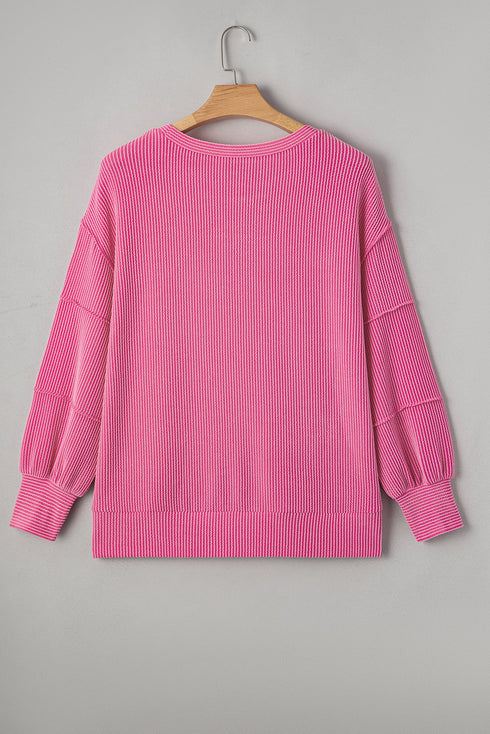 Spiral Ribbed Patchwork Exposed Seam Long Sleeve Top