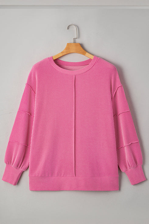 Spiral Ribbed Patchwork Exposed Seam Long Sleeve Top