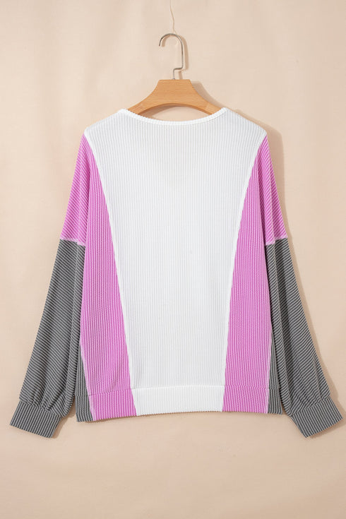 Spiral Ribbed Raw Seam Patchwork Pullover Long Sleeve Top