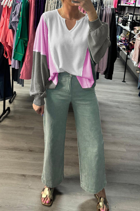 Spiral Ribbed Raw Seam Patchwork Pullover Long Sleeve Top