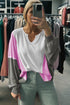 Spiral Ribbed Raw Seam Patchwork Pullover Long Sleeve Top