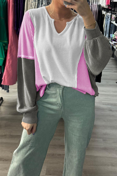 Spiral Ribbed Raw Seam Patchwork Pullover Long Sleeve Top