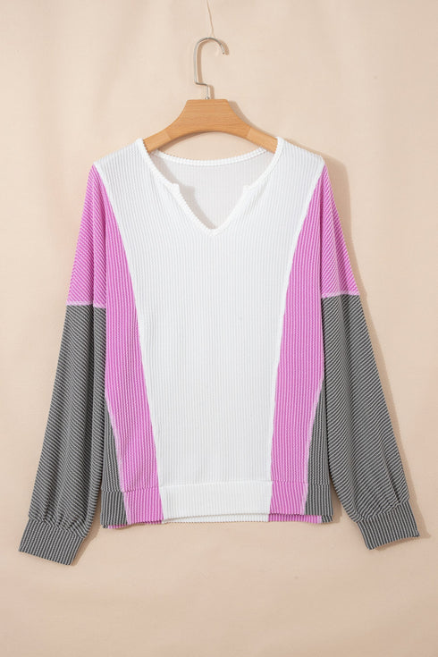 Spiral Ribbed Raw Seam Patchwork Pullover Long Sleeve Top