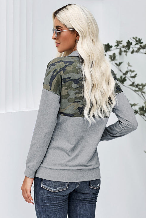 Splice Gray Kangaroo Pocket Zip Collar Sweatshirt