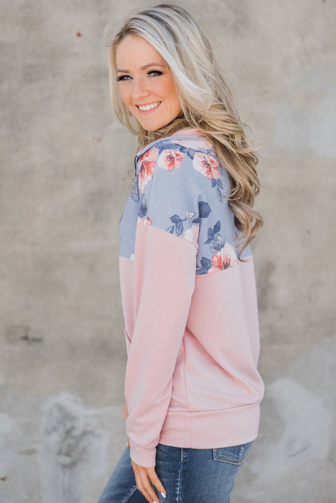 Splice Gray Kangaroo Pocket Zip Collar Sweatshirt