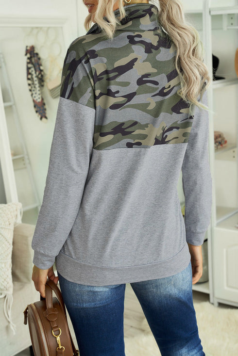 Splice Gray Kangaroo Pocket Zip Collar Sweatshirt