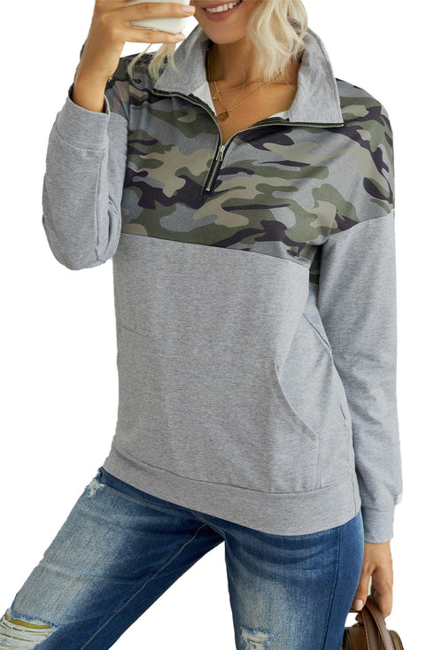 Splice Gray Kangaroo Pocket Zip Collar Sweatshirt
