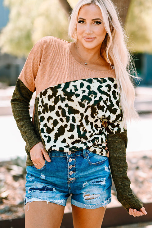 Spliced Animal Print Knit Crewneck Long Sleeve Top