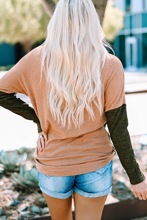 Spliced Animal Print Knit Crewneck Long Sleeve Top