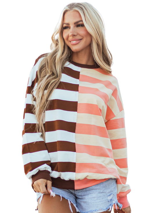 Spliced Mixed Stripe Relaxed Fit Crewneck Sweatshirt