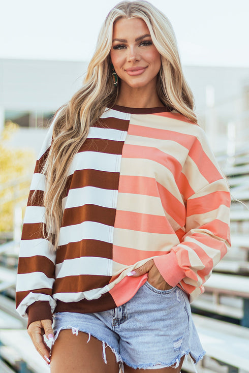 Spliced Mixed Stripe Relaxed Fit Crewneck Sweatshirt