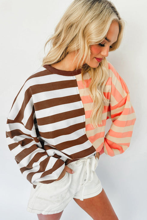 Spliced Mixed Stripe Relaxed Fit Crewneck Sweatshirt