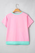 Spliced Panel Patchwork Short Sleeve Button Front Top