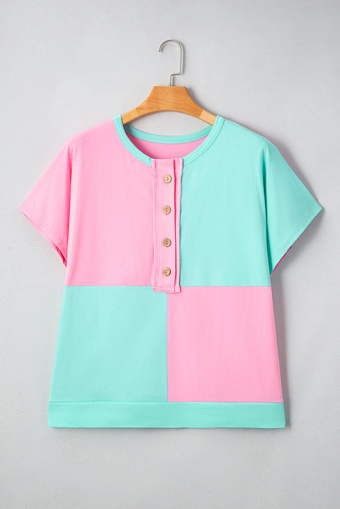 Spliced Panel Patchwork Short Sleeve Button Front Top