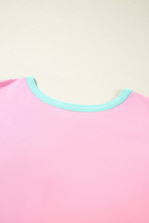 Spliced Panel Patchwork Short Sleeve Button Front Top