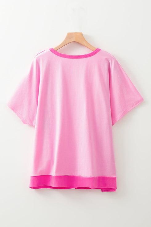 Spliced Panel Patchwork Short Sleeve Button Front Top