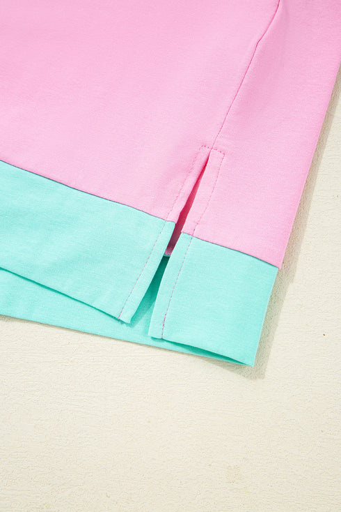 Spliced Panel Patchwork Short Sleeve Button Front Top