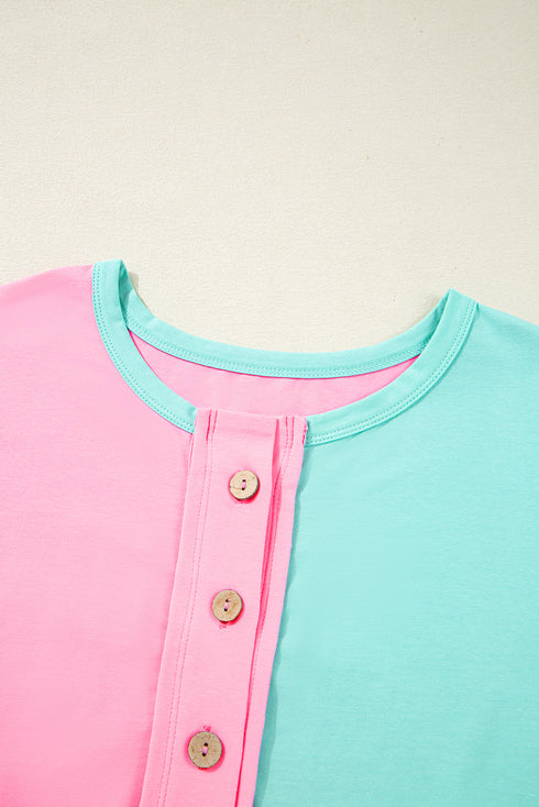 Spliced Panel Patchwork Short Sleeve Button Front Top