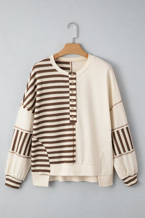 Spliced Pattern Button Front Waffle Knit Top
