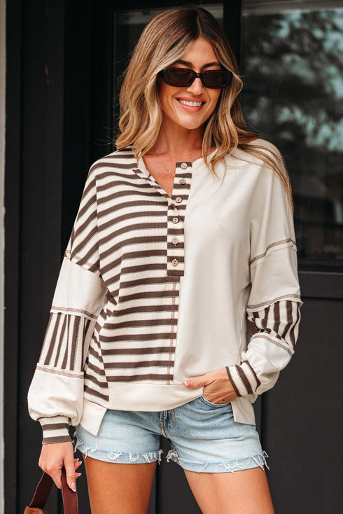 Spliced Pattern Button Front Waffle Knit Top