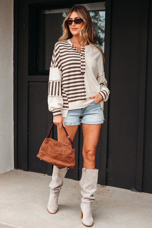 Spliced Pattern Button Front Waffle Knit Top