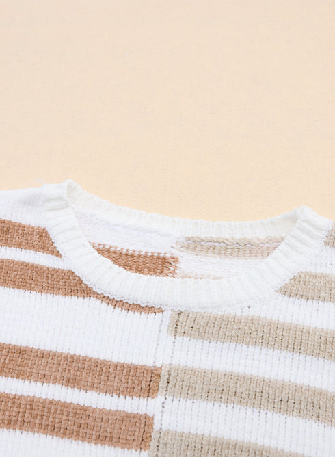Spliced Stripe Textured Knit Crew Neck Sweater