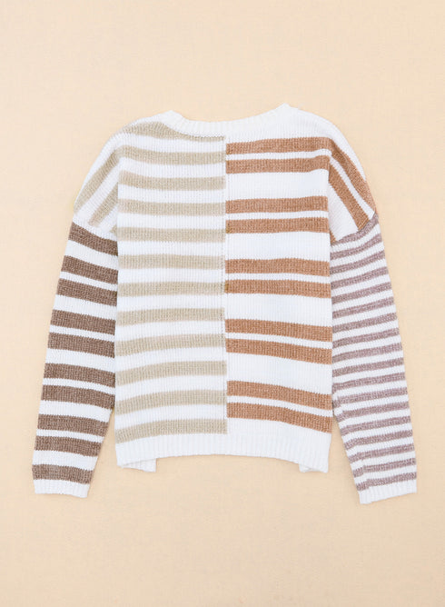 Spliced Stripe Textured Knit Crew Neck Sweater