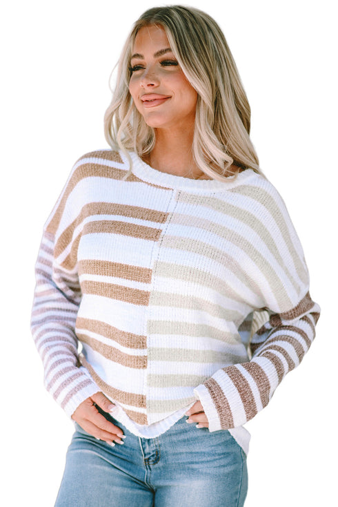 Spliced Stripe Textured Knit Crew Neck Sweater