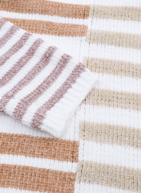 Spliced Stripe Textured Knit Crew Neck Sweater