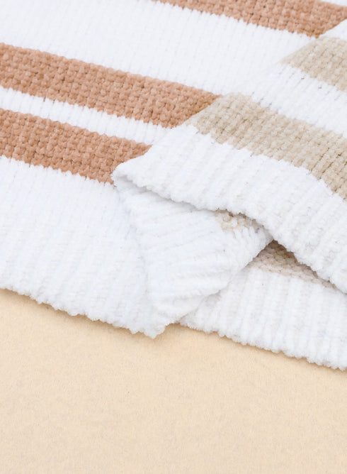 Spliced Stripe Textured Knit Crew Neck Sweater