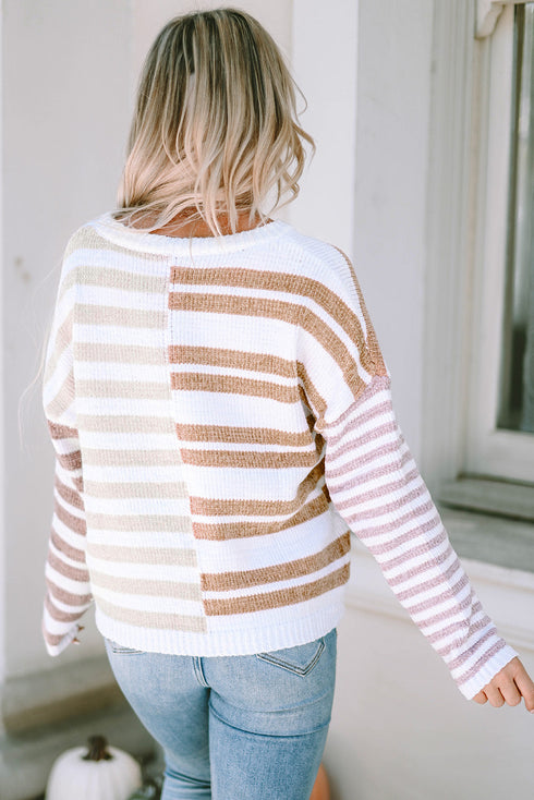 Spliced Stripe Textured Knit Crew Neck Sweater