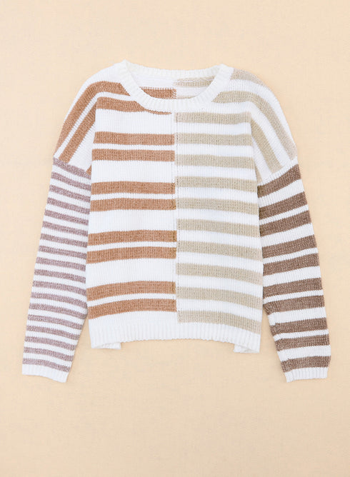 Spliced Stripe Textured Knit Crew Neck Sweater