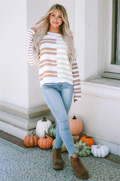 Spliced Stripe Textured Knit Crew Neck Sweater