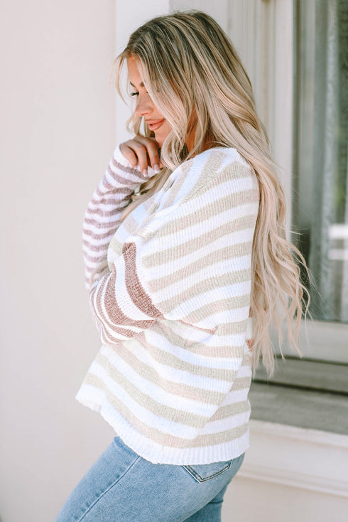 Spliced Stripe Textured Knit Crew Neck Sweater