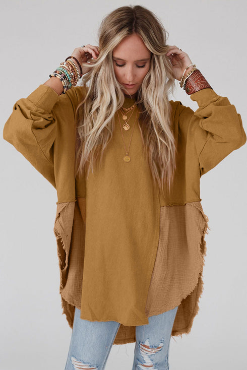 Splicing Raw Hem High Low Oversized Blouse