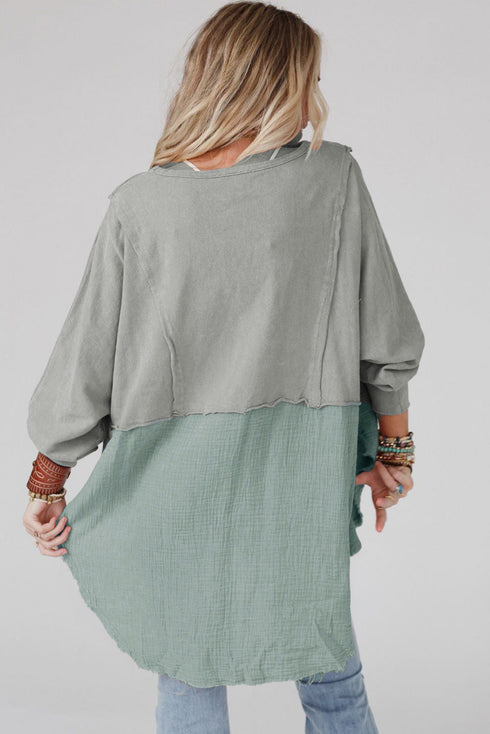 Splicing Raw Hem High Low Oversized Blouse
