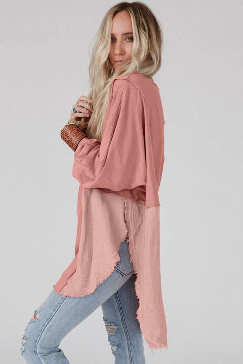 Splicing Raw Hem High Low Oversized Blouse