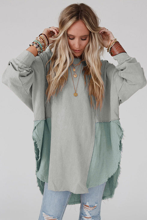 Splicing Raw Hem High Low Oversized Blouse