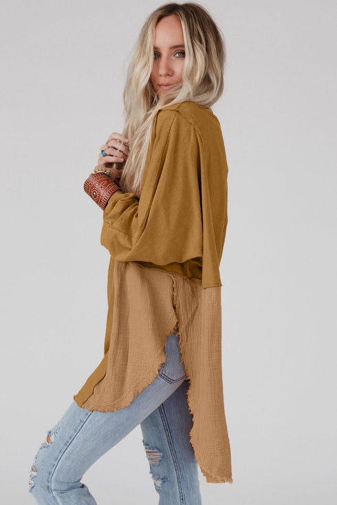 Splicing Raw Hem High Low Oversized Blouse