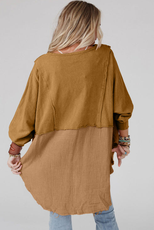 Splicing Raw Hem High Low Oversized Blouse