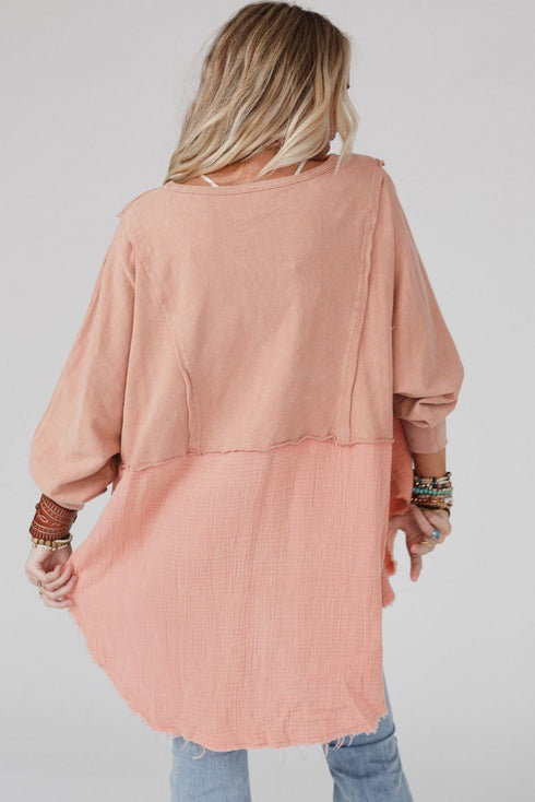 Splicing Raw Hem High Low Oversized Blouse