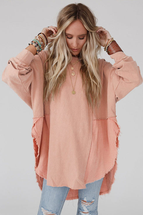 Splicing Raw Hem High Low Oversized Blouse