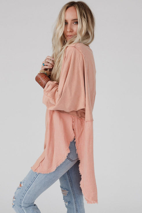 Splicing Raw Hem High Low Oversized Blouse