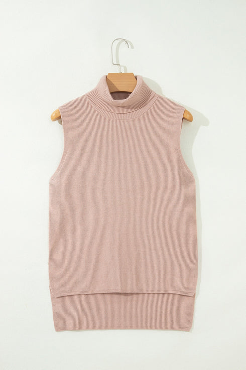 Split Hem High Neck Sleeveless Shift Sweater Vest