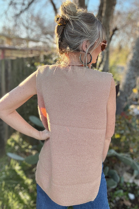 Split Hem High Neck Sleeveless Shift Sweater Vest